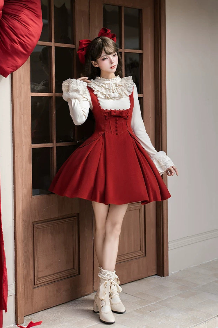 Red [letters and Poems · Velvet Rose] Sleeveless Embroidered Bow Fishbone Classic Lolita Bandeau Dress 2 Versions