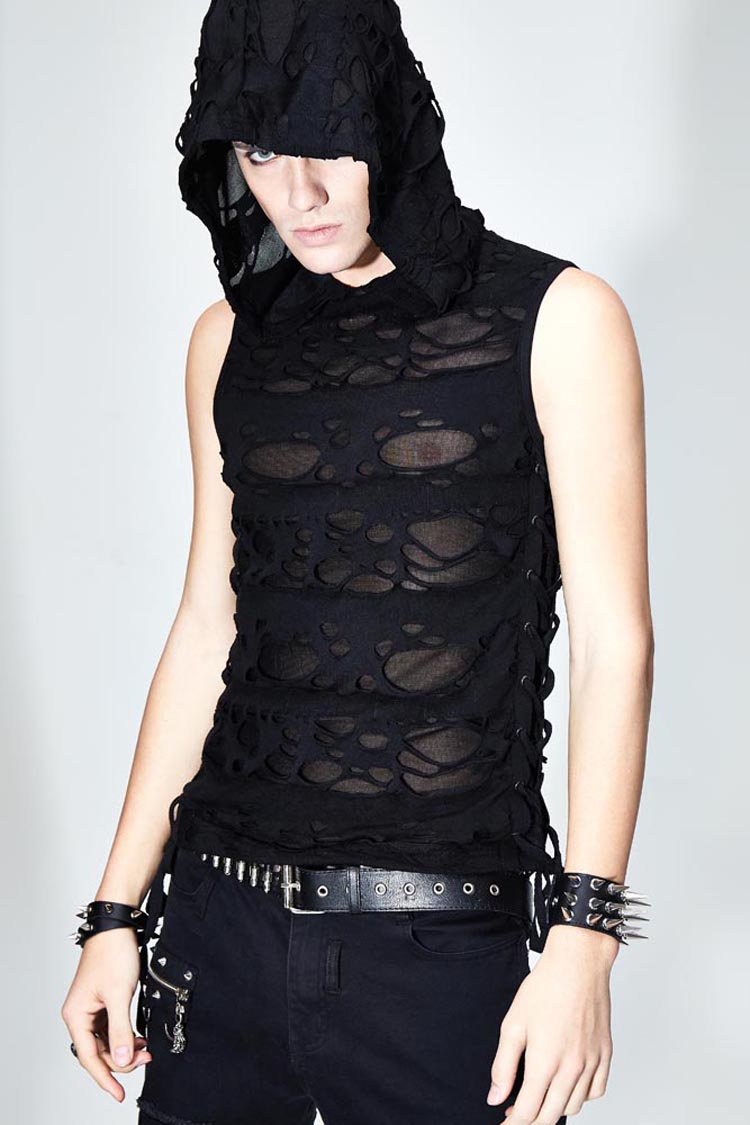 Black Sleeveless Ripped Side Ribbons Lace-up Hooded Punk T-shirt