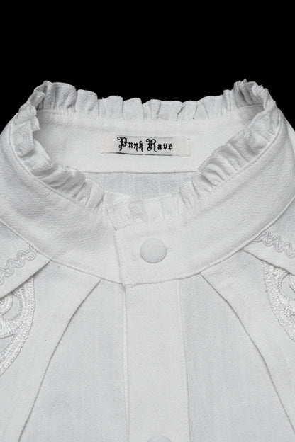 White Stand Collar Long Lantern Sleeves Jacquard Gothic Blouse
