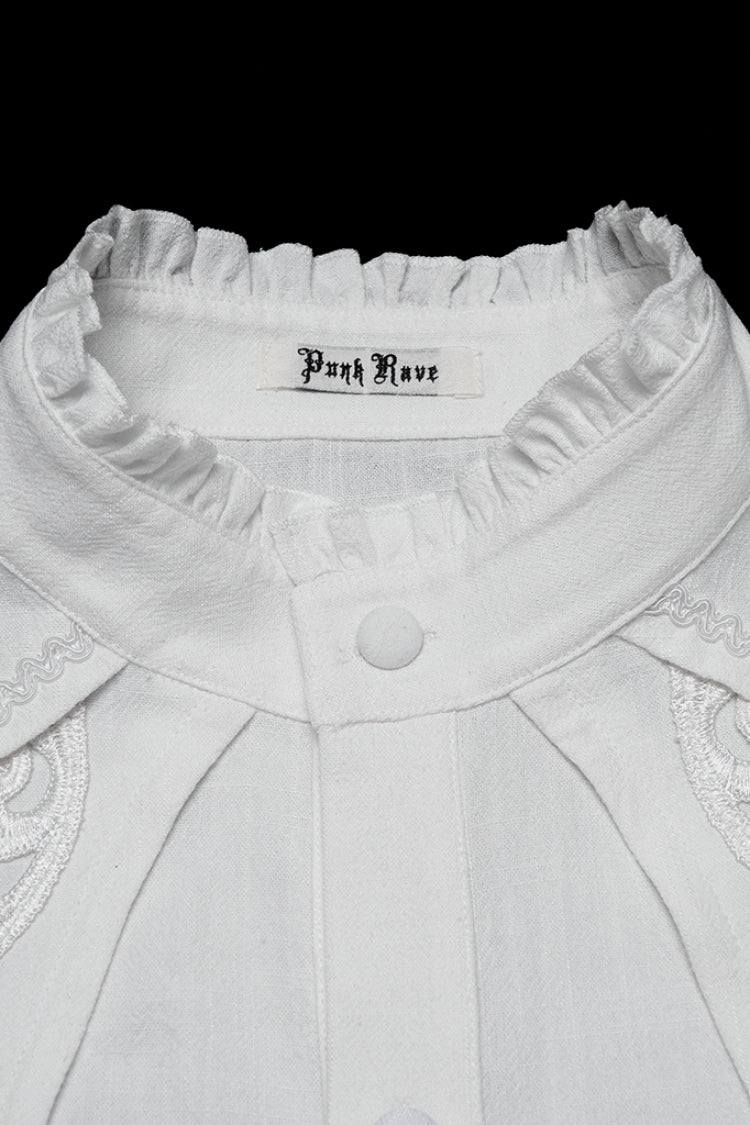 White Stand Collar Long Lantern Sleeves Jacquard Gothic Blouse