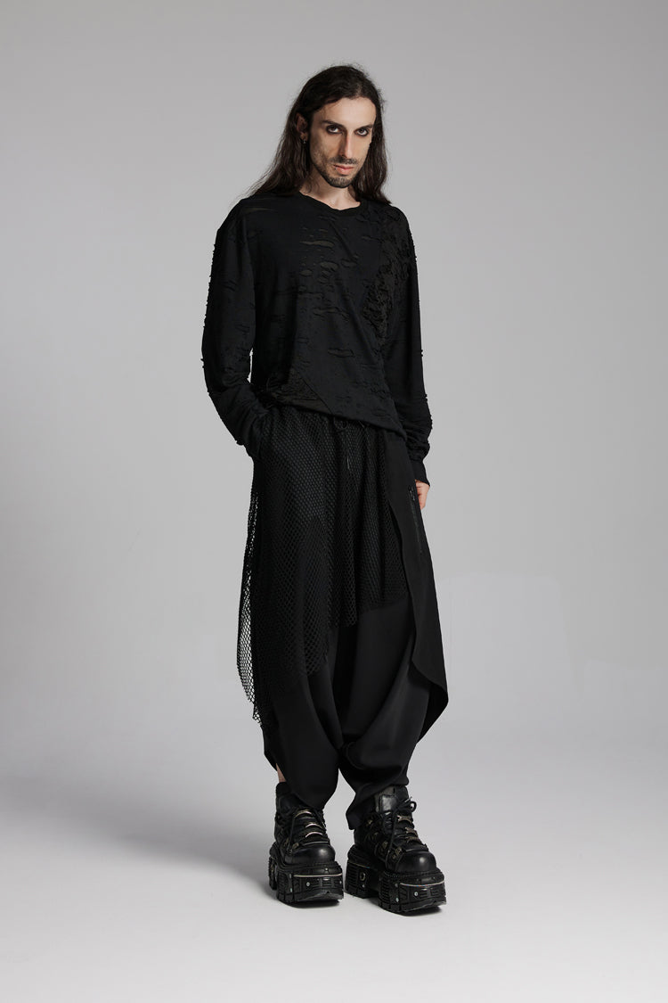 Black Round Collar Long Sleeves Ripped Mesh Punk T-shirt