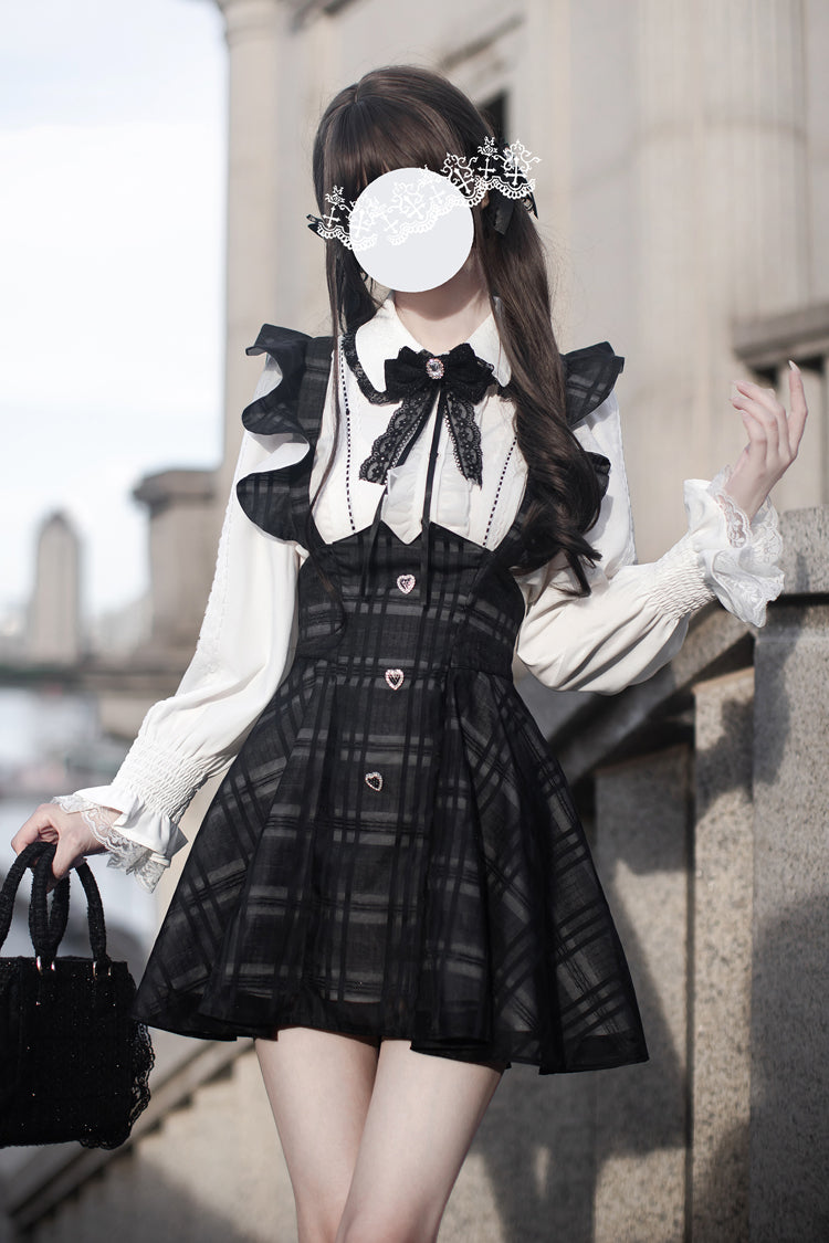 Black Plaid Print Classic College Style Lolita Strap Short Dress