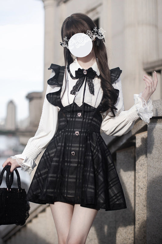 Black Plaid Print Classic College Style Lolita Strap Short Dress