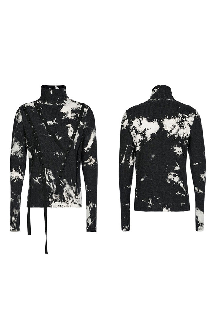 Black/white Punk Asymmetric Metal Buckle Side Button Tie Dye High Neck Basic Long Sleeve Shirt
