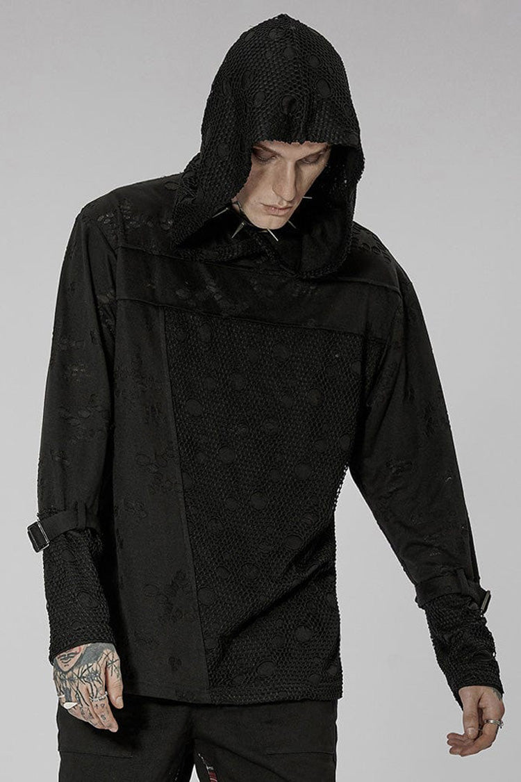 Black Punk Ripped Knit Mesh Surface Splicing Detachable Ring Sleeve Webbing Hooded T-shirt
