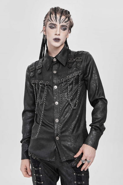 Black Lapel Collar Long Sleeves Buckled Strappy Chain-decorated Punk Shirt