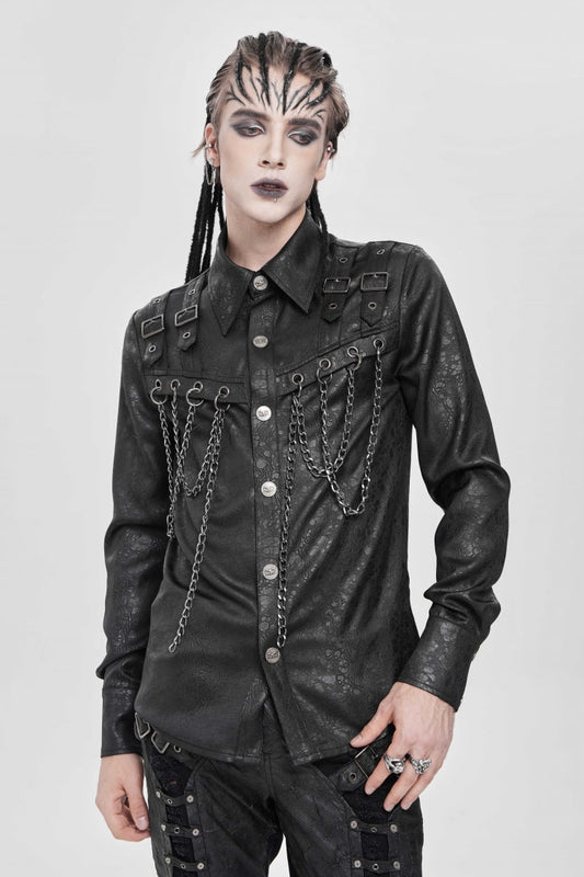 Black Lapel Collar Long Sleeves Buckled Strappy Chain-decorated Punk Shirt