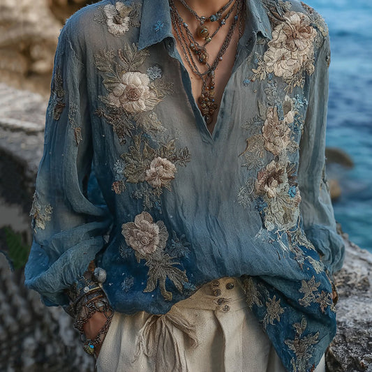Women's Vintage Bohemian Floral Linen Shirt elevenforest