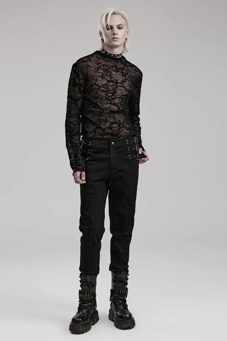 Black Long Sleeves Print Sheer Mesh Gothic T-shirt