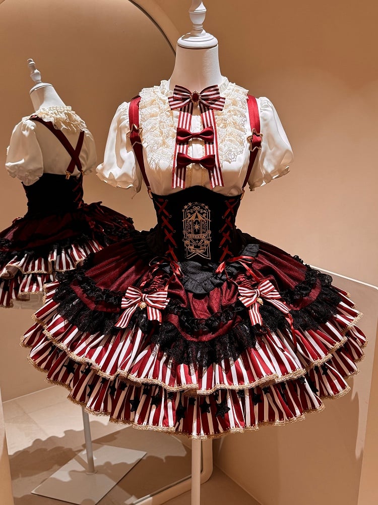 [pre-order Deadline: May 20] Magical Girl Lolita Lace Puff Sleeve Shirt + Black X Red Ribbon Corset Tiered Dress + Mini Hat