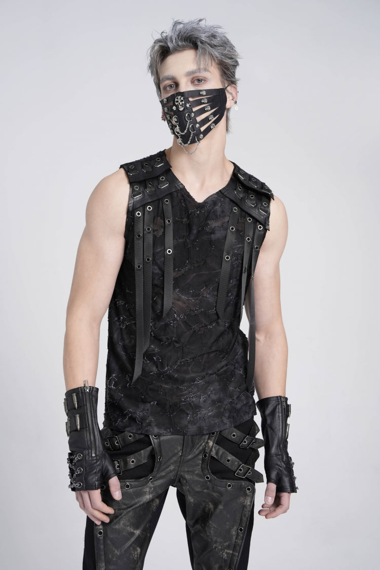 Black Sleeveless Eyelet Strap Distressed Gothic Vest
