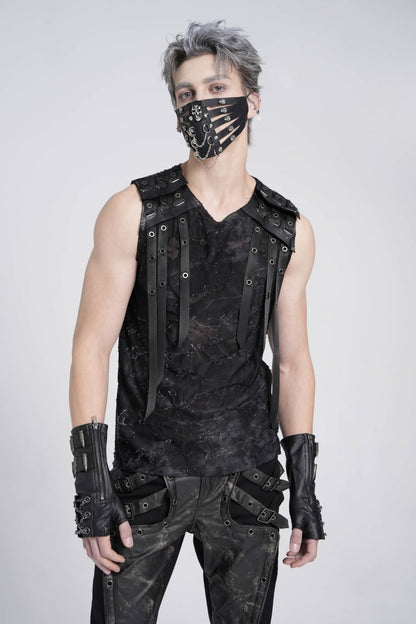 Black Sleeveless Eyelet Strap Distressed Gothic Vest