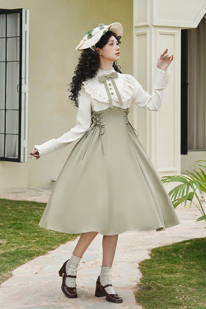 White/green [wind Garden] Stand Collar Ruffle Lace-up Color Matching Fake Two Pieces Classic Lolita Dress