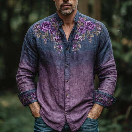 Men's Vintage Floral Art Comfy Linen Shirt elevenforest