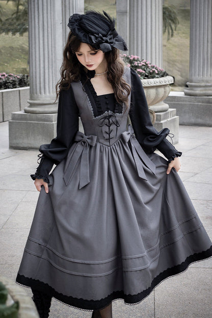 Grey [mist Chronicle] Square Collar Long Sleeves Bowknot Lace-up Color-block Fake Two Pieces Classic Lolita Dress