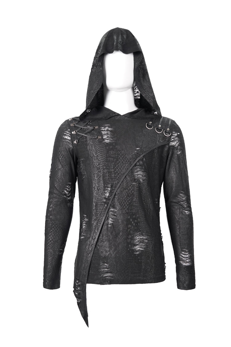 Black Broken Holes Knit Shoulder Lace-up Irregular Hem Hooded Punk T-shirt