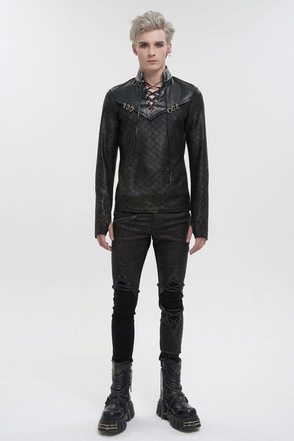 Black Stand Collar Long Sleeves Faux Leather Splice Gothic Shirt