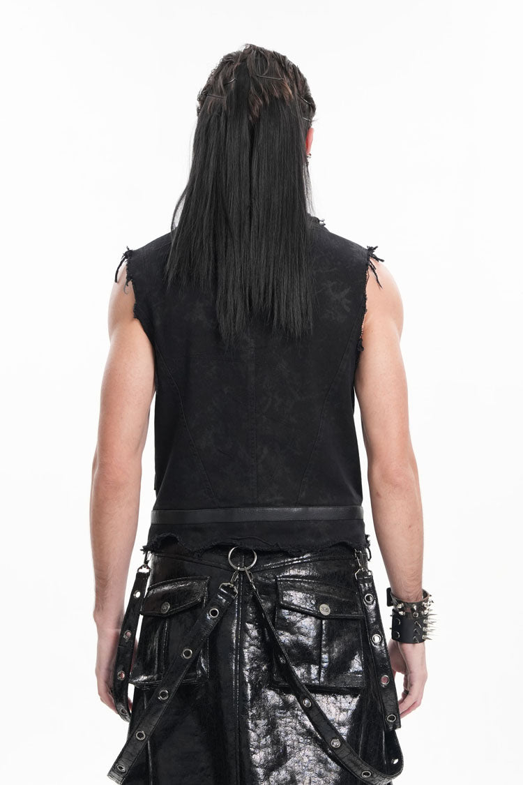 Black Lapel Collar Sleeveless Ripped Buckle Eyelets Gothic Vest