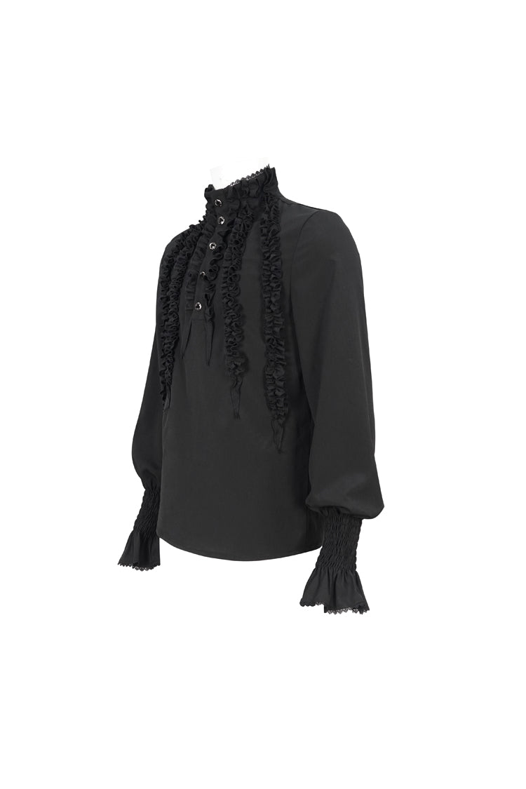 Black Irregular Stand Collar Puff Sleeved Ruffled Gothic Shirt
