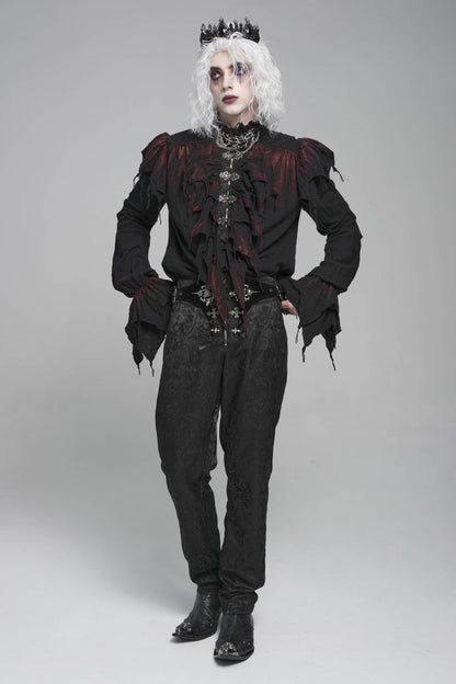 Black/red Stand Collar Long Sleeves Ruffled Gothic Plunging Shirt