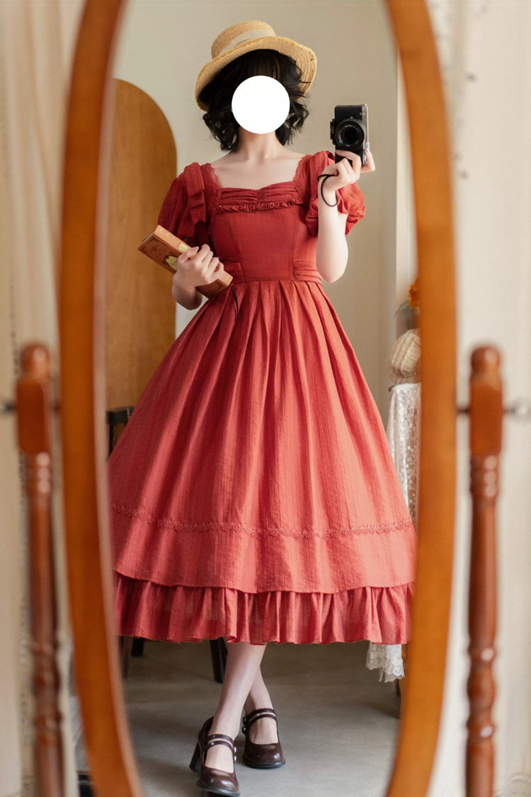 Red [forest Gallery] Square Collar Short Sleeves Ruffled Bow Classic Lolita Dress