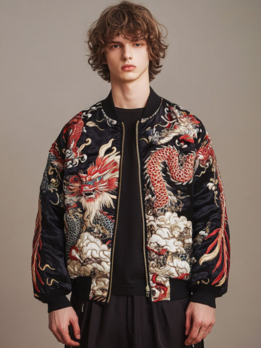 Men's Vintage Japanese Art Dragon Embroidery Print Coat elevenforest