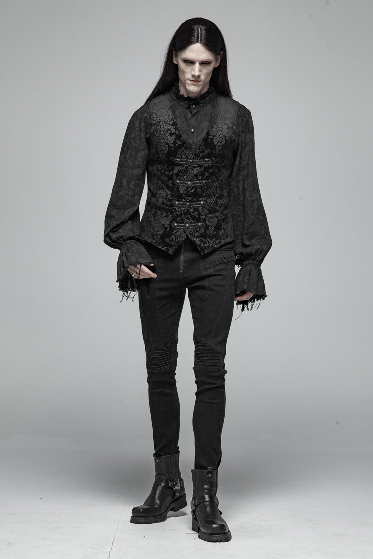 Black Retro Jacquard Front Woven Strap Metal Button Gothic Vest