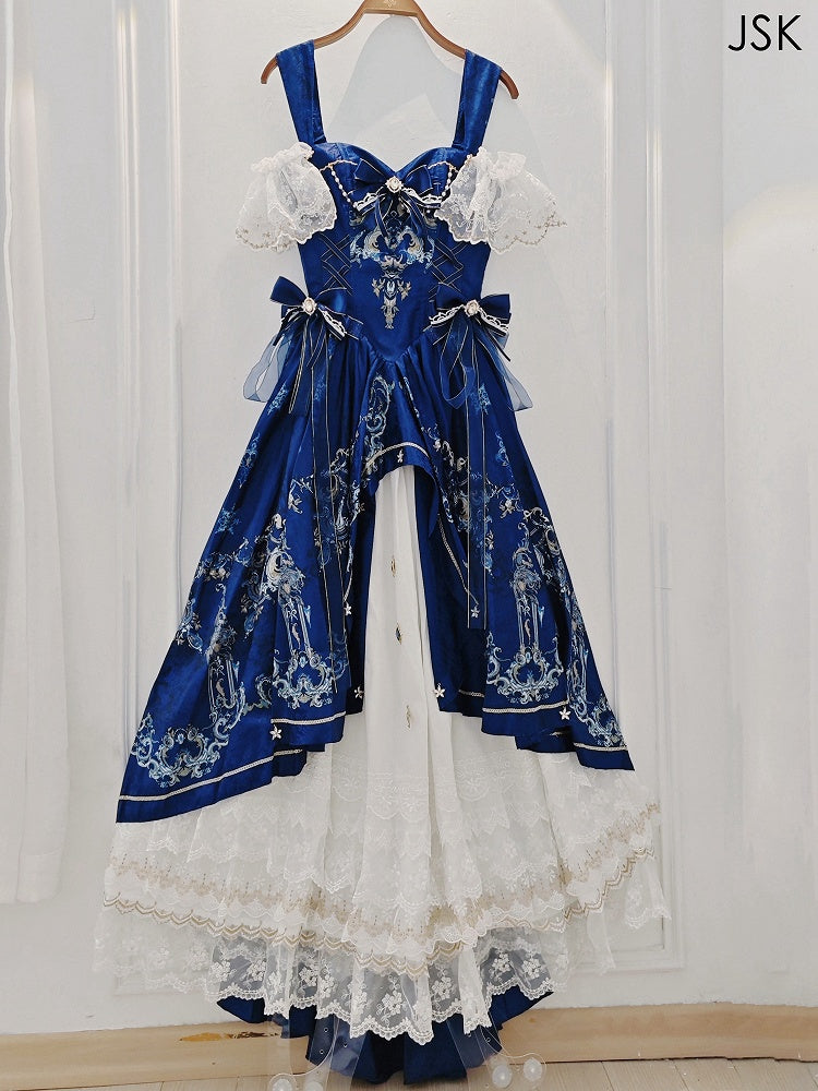 [pre-order Deadline: May 3] Dark Blue White Corset Lace Ribbon Lolita Jsk Princess Dress + Complete Set