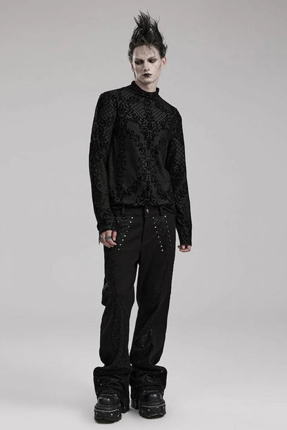 Black High Collar Long Sleeves Flocking Print Gothic T-shirt