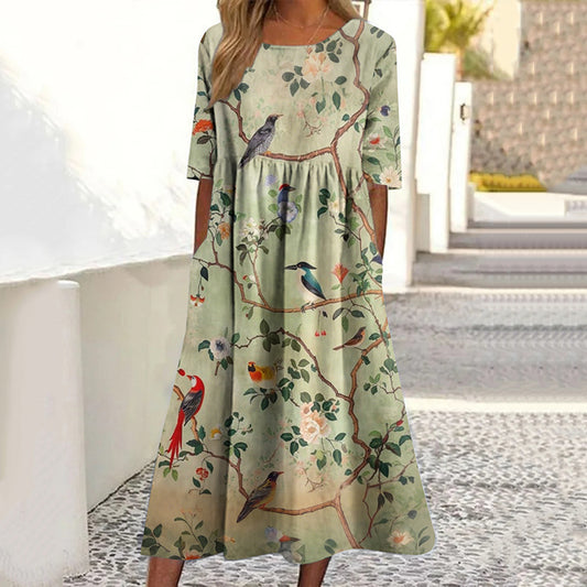 Comstylish Japanese Floral And Bird Art Print Round Neck Loose Midi Dress