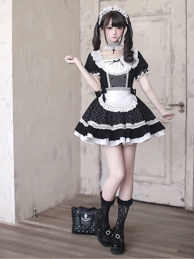 [order Deadline: May 15] Black X White Lace Ruffle Maid Dress Full Set + Cross Choker