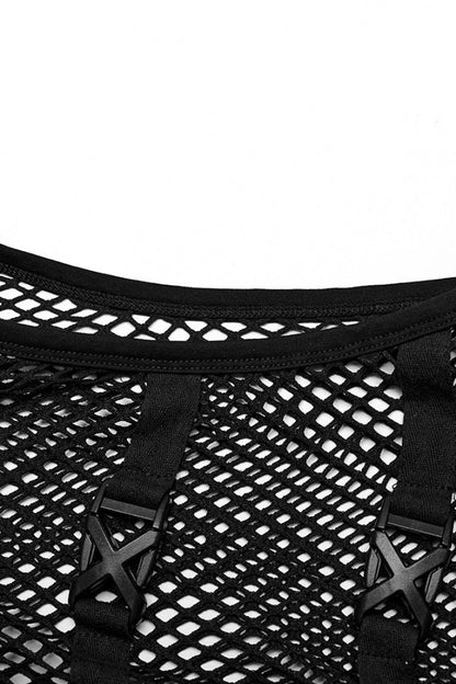 Black Stand Collar Sleeveless Straps Mesh Buckle Punk Vest