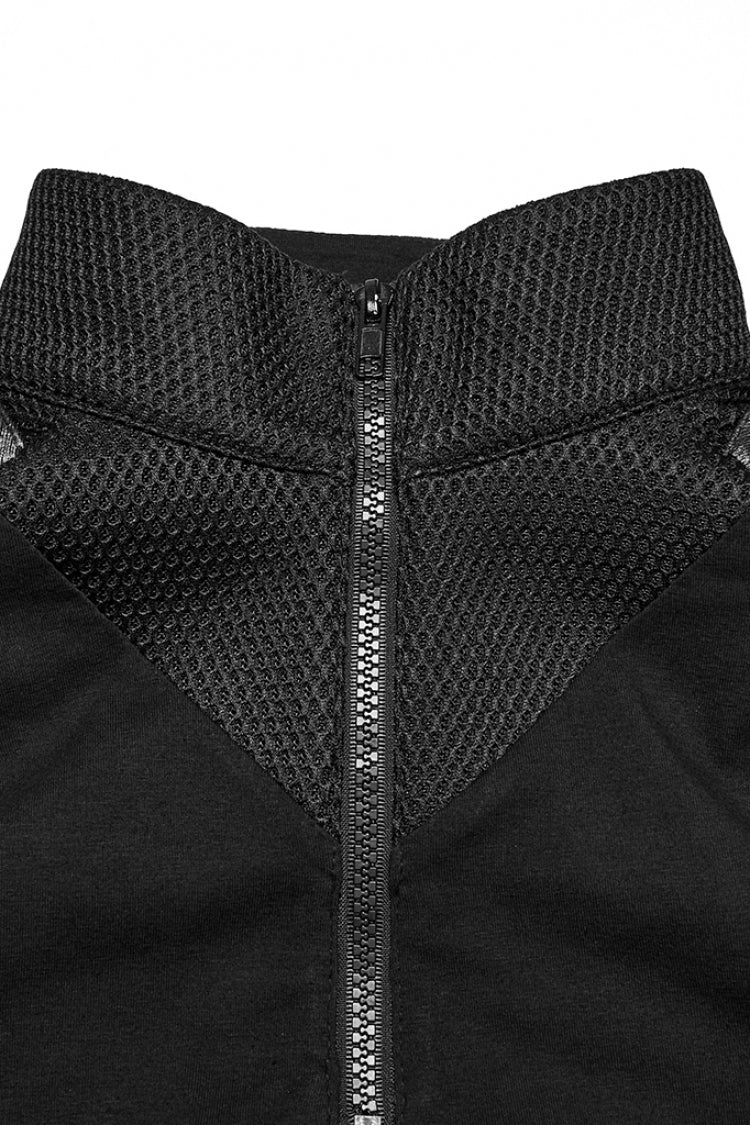 Black Stand Collar Sleeveless Stitching Mesh Zipper Punk Vest