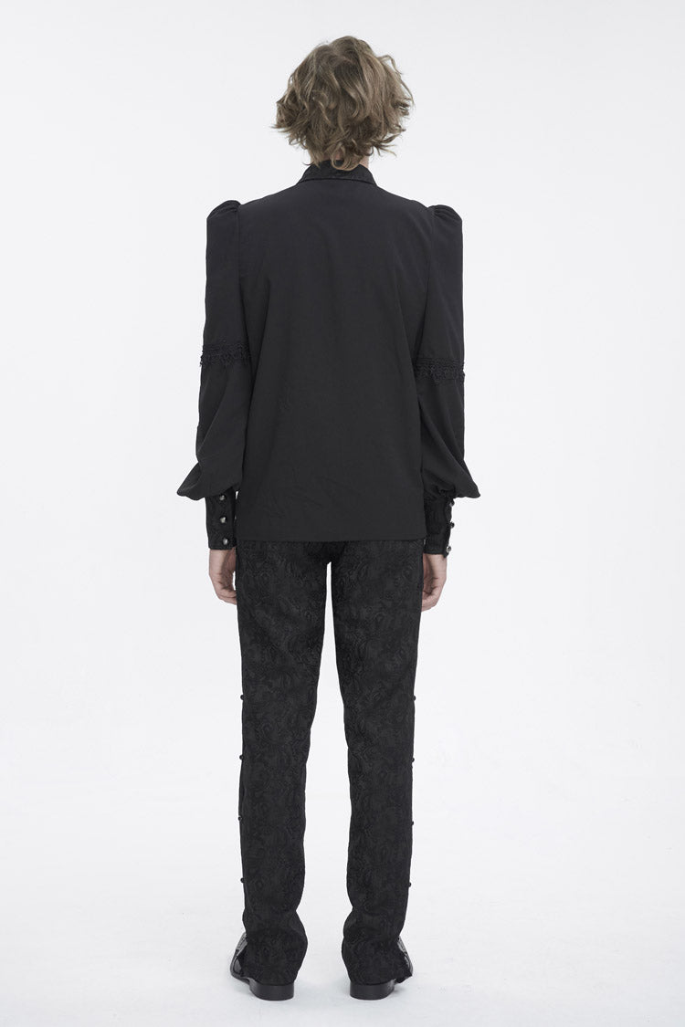 Black Lapel Collar Lantern Sleeves Jacquard Embroidery Gothic Blouse