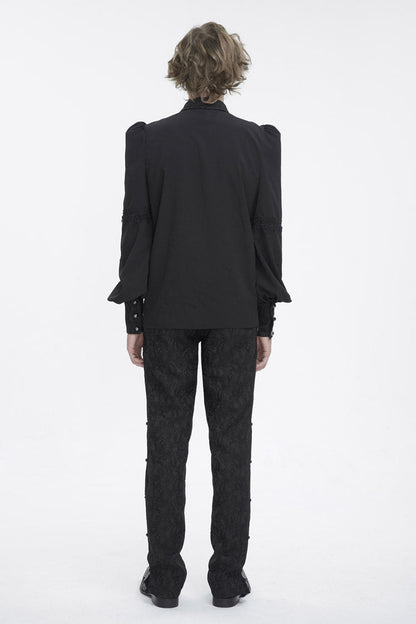 Black Lapel Collar Lantern Sleeves Jacquard Embroidery Gothic Blouse