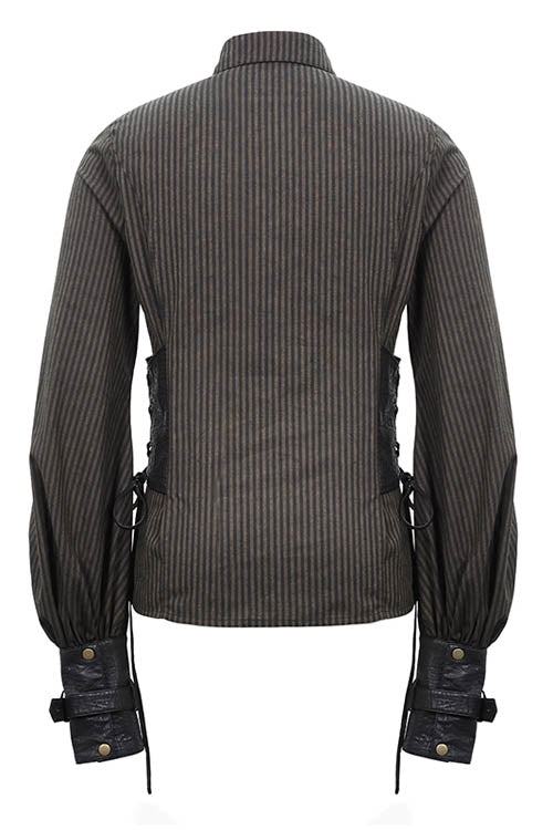Brown Striped Waist Cuff Leather Punk Blouse