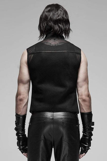 Black Punk Rough No Elasticity Woven Mesh Metal Buckle Belts Decoration Perspective Sleeveless Metal Zipper Vest