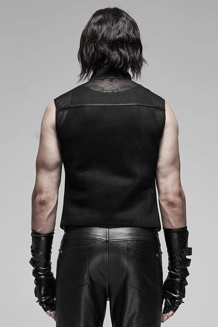 Black Punk Rough No Elasticity Woven Mesh Metal Buckle Belts Decoration Perspective Sleeveless Metal Zipper Vest