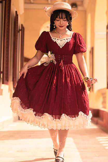Wine Square Collar Short Sleeves Multi-layer Ruffled Classic Lolita Op Dress