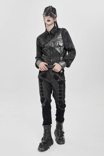 Black Long Sleeves Print Stitching Asymmetric Bullet Punk Blouse
