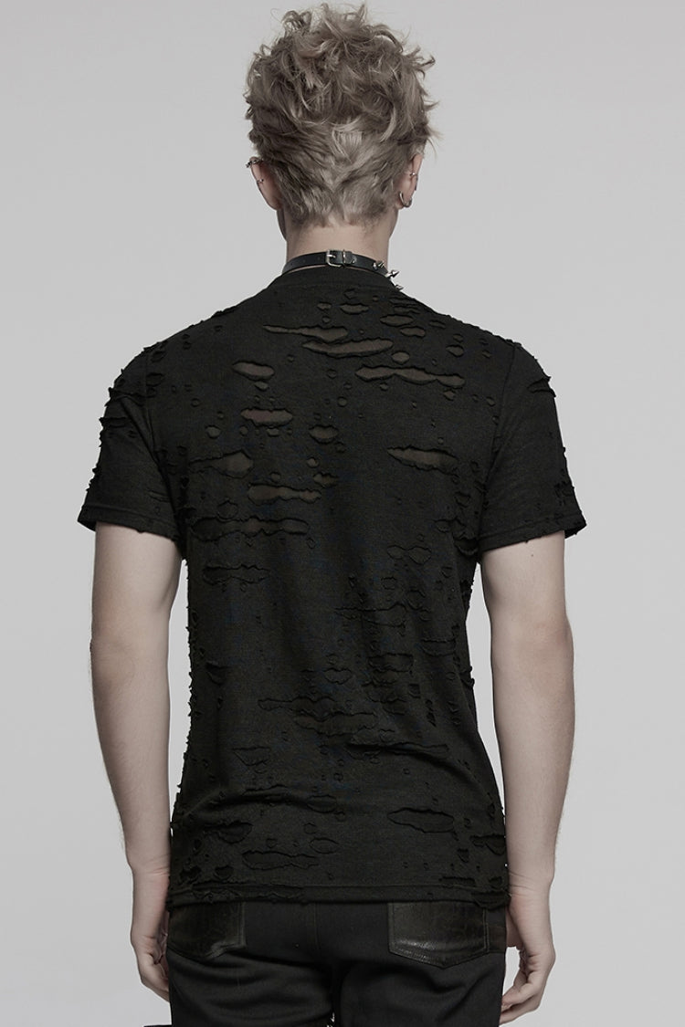Black Short Sleeves Stitching Mesh Ripped Strap Punk T-shirt