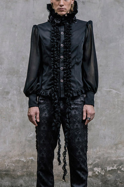 Black High Collar Lace Up Dovetail Hem Gothic Blouse