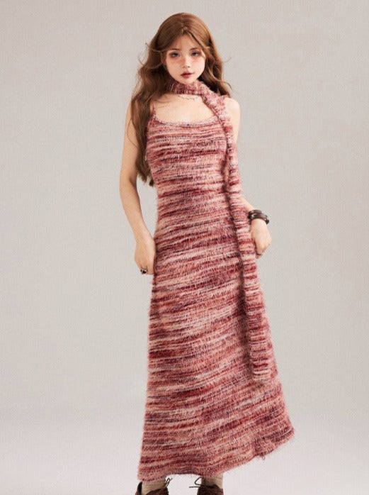 Contrast Color Striped Suspender Knit Dress
