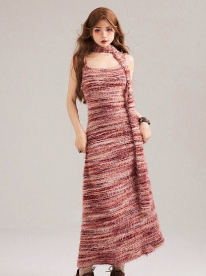 Contrast Color Striped Suspender Knit Dress
