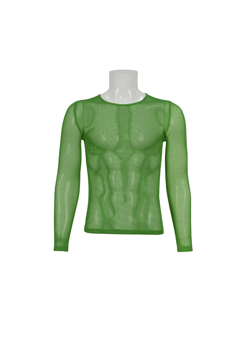 Green Elasticity High Neck Long Sleeve Mesh Gothic T-shirt