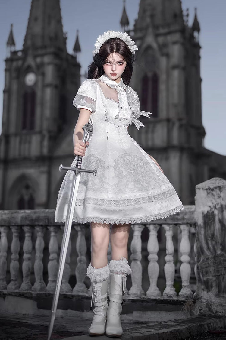 White Lapel Collar Short Sleeves Printed Ruffled Lace Classic Gothic Lolita Dress