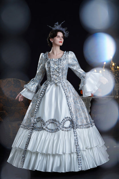 Blue Square Collar Long Trumpet Sleeves Double-layered Ruffled Embroidered Open-front Bow Classic Palace Lolita Victorian Dress