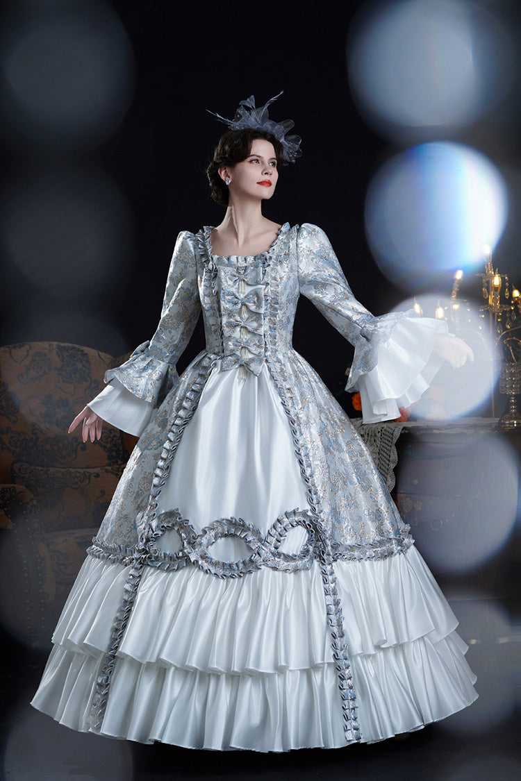 Blue Square Collar Long Trumpet Sleeves Double-layered Ruffled Embroidered Open-front Bow Classic Palace Lolita Victorian Dress
