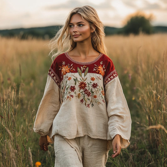 Retro Bohemian Floral Embroidery Art  Linen Blend Loose Blouse elevenforest