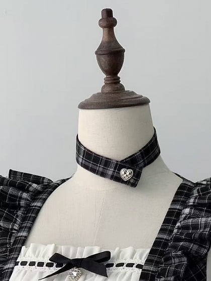 [pre-order Deadline: April 29] Black Check Ruffle Ribbon Puff Sleeve Mini Dress Set + Choker